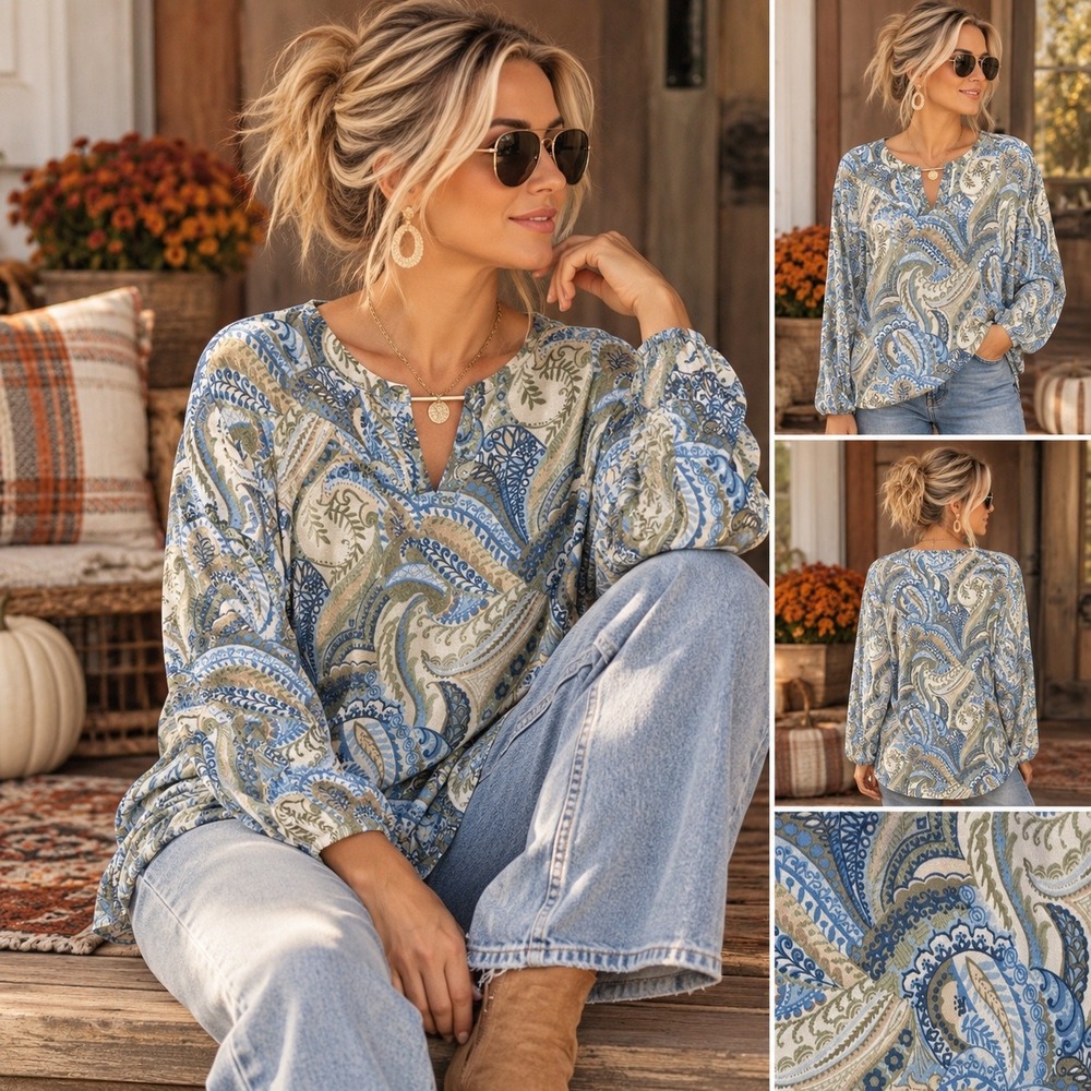 Chicos Travelers Paisley Print V-Neck Top Blue Tan Size 4 US 20/22 3/4 Sleeve